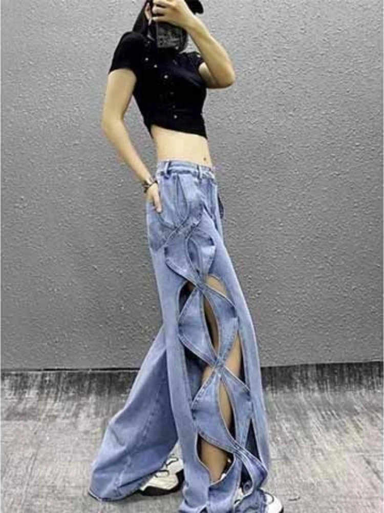 

2025 High Street Design Jeans Solid Color Hollow Out High Waist Wide Leg Pants Y2k Harajuku Summer Casual Loose Women's Clothing