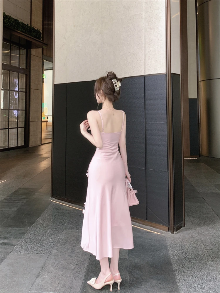 Fashion Slash Neck Flower Black Pink Long Strap Dress New Summer Holiday Sleeveless Sexy Party Dress Backless Satin Slip Skirt