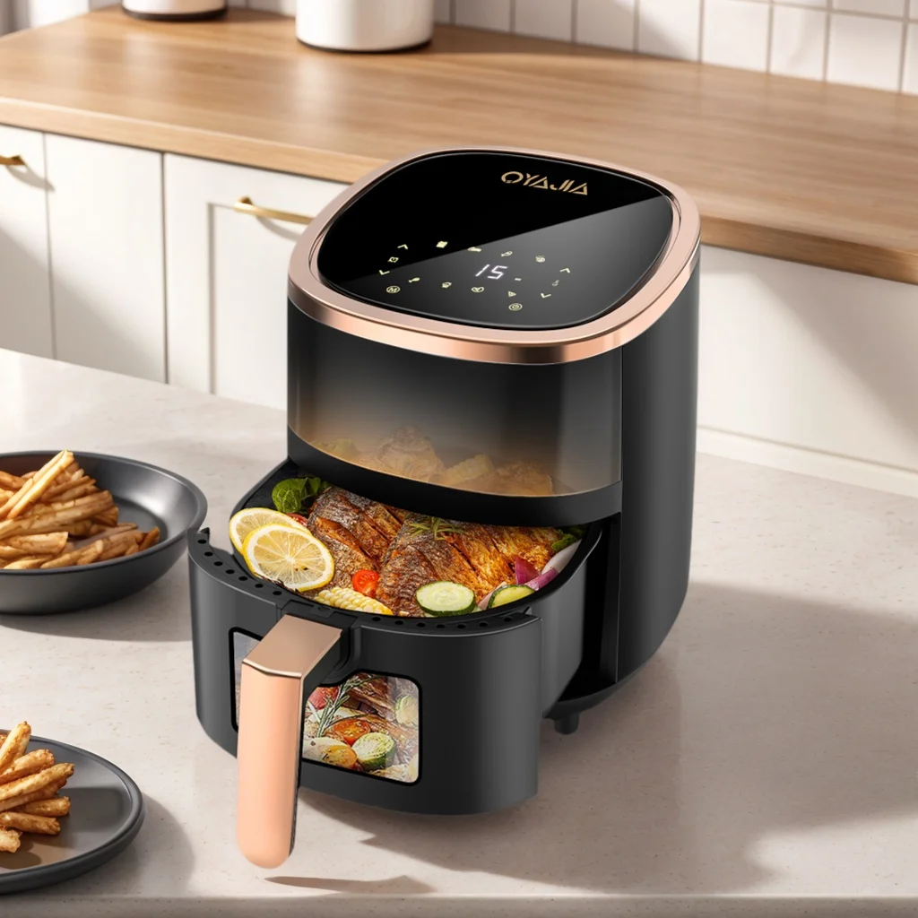 Freidora de aire de 6L, pantalla táctil grande transparente, horno Digital multifunción, 1200W, Reino Unido