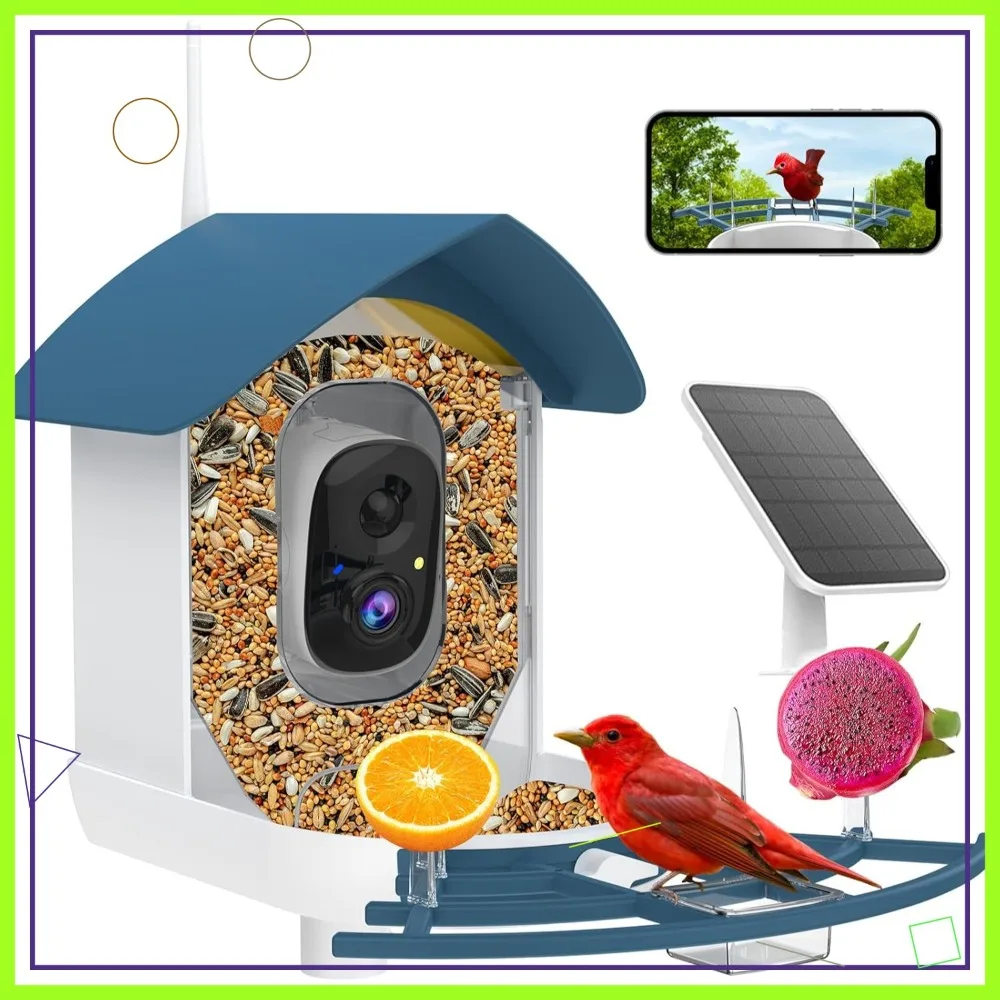 

AI Bird Feeder Camera, Solar Powered, Auto Record FHD Video, Instant Alerts, Navy Blue Gift for Bird Lovers