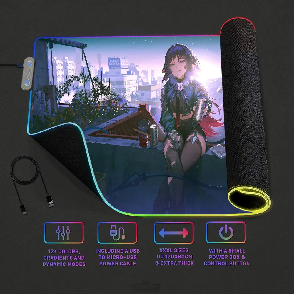 Zenless Zone Zero Jane Doe Large RGB PC Gamer Mouse Mat Gaming Keyboard Desk Color LED Light Backlit Mousepad