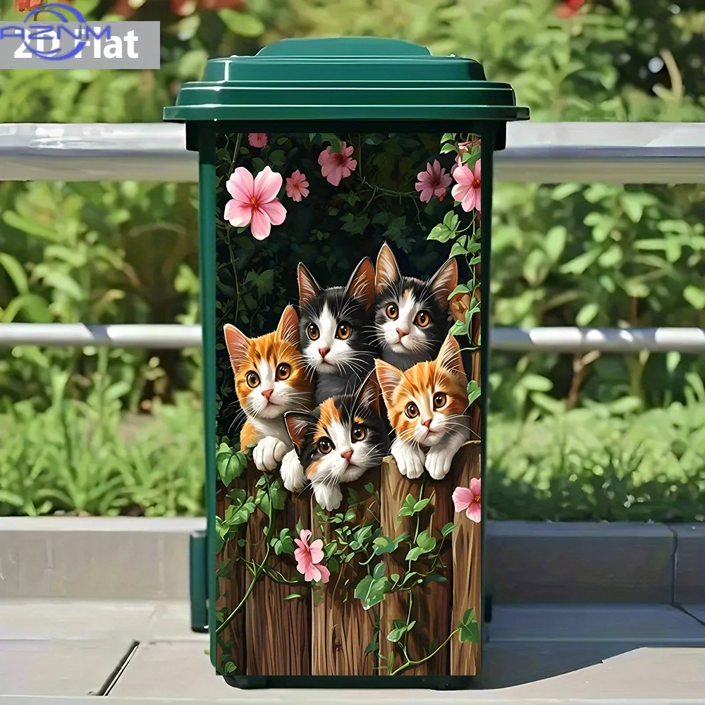 2D Flat Cute Kitten Gang Trash Can Sticker – Waterproof, Charming and Curious, Cat-Themed, Bin Decoration, Artistic Style – Si