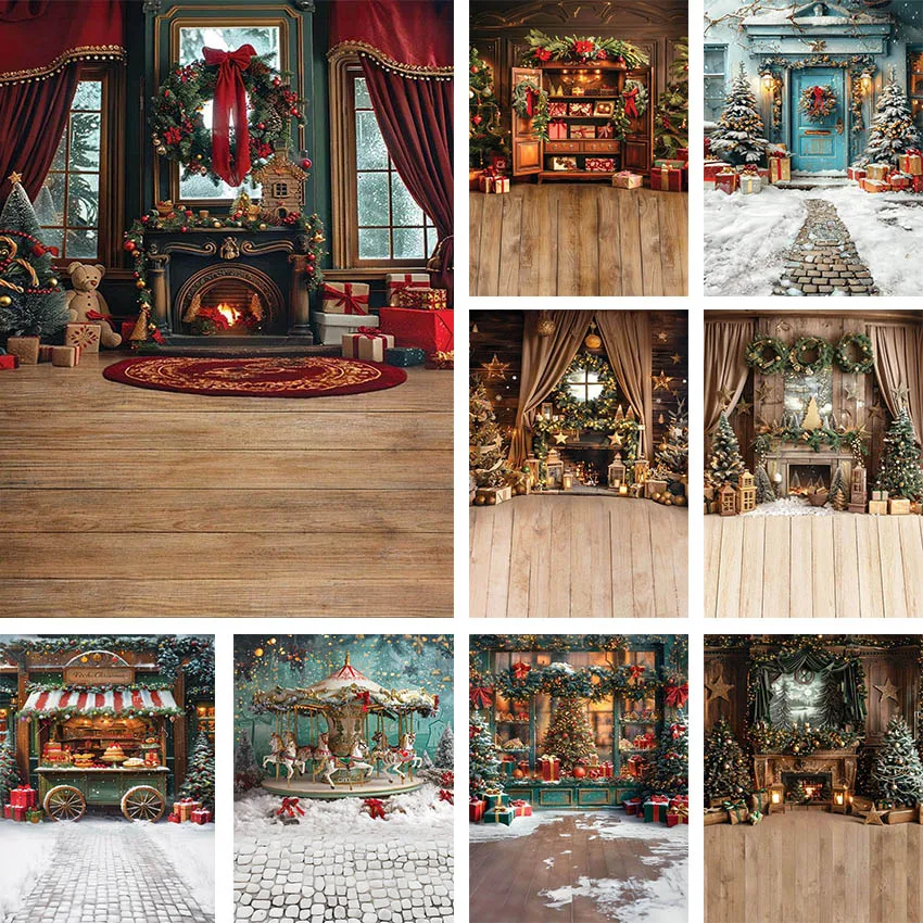 

Mehofond Photography Background Winter Christmas Fireplace Gifts Bear Xmas Tree Kids Family Portrait Decor Backdrop Photo Studio