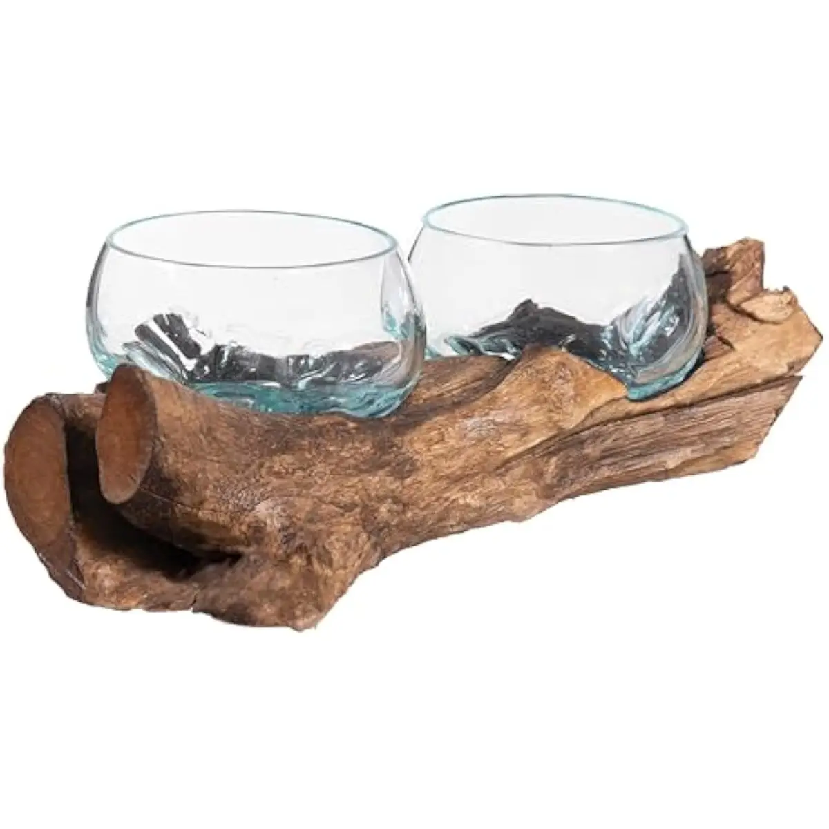 Set of Two Unique Handcrafted Glass Terrariums Featuring Organic Teak Driftwood Bases | Bubble-Textured Blue-Tinted Vessels for