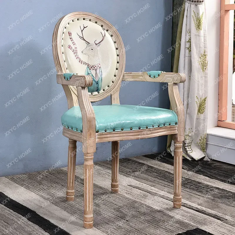 AA retro solid wood dining table and chairs leather backrest armchair eating creative chair