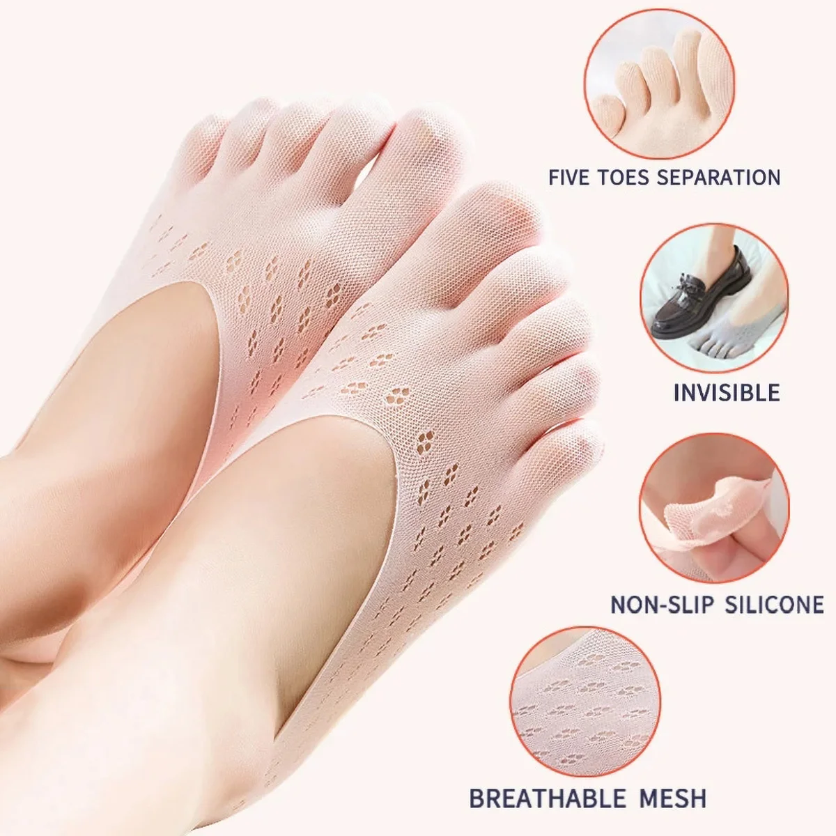 

1/5 пар женских невидимых носков с разделителем пальцев, нескользящие носки с низким вырезом и подкладкой на пять пальцев