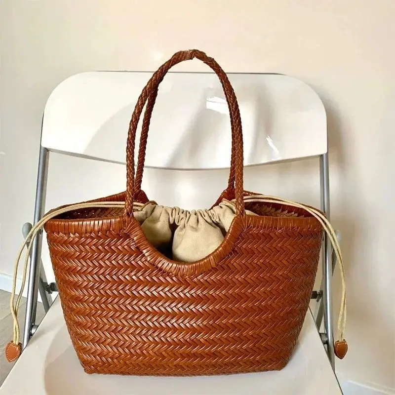 

Брендовая большая сумка ручной работы из французской натуральной кожи, большая сумка-корзина для овощей с тканым внутренним карманом, сумка через плечо, подмышки