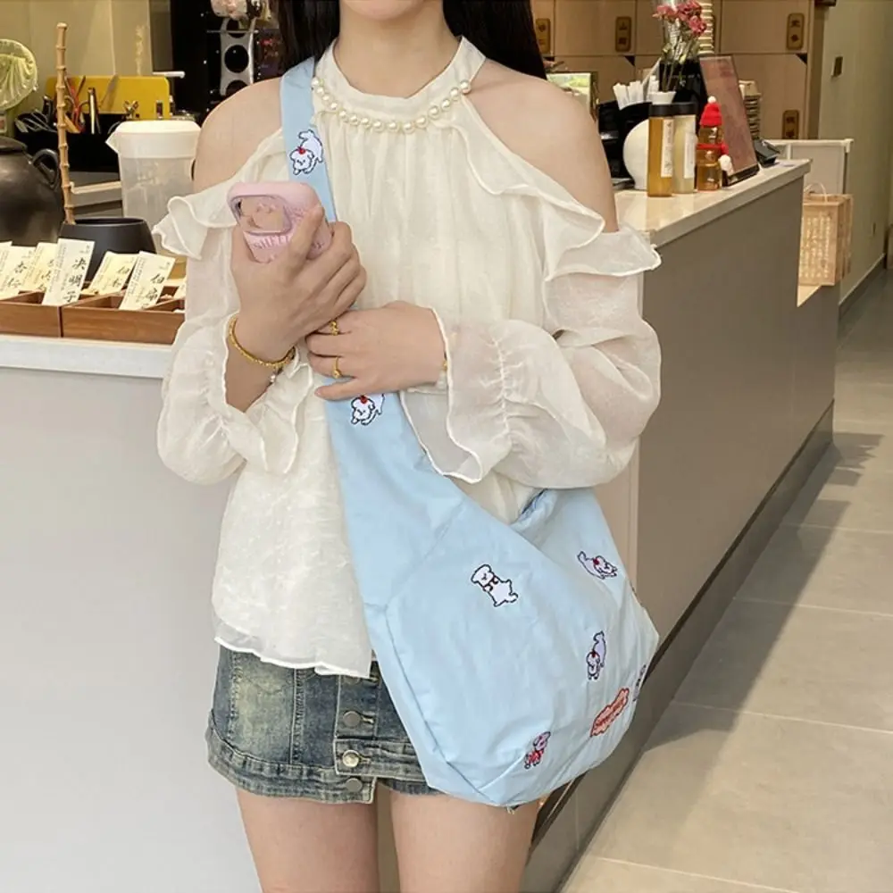 

Commuting Cartoon Shoulder Bag Sweet Korean Style Puppy Embroidery Nylon Bag Large Capacity Casual Messenger Bag Daily Use