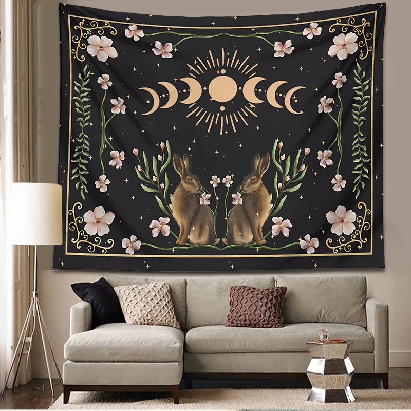 Mond Phase Wandteppich Hängen Tarot Tuch Witchy Kaninchen Floral Celestial Botanische Hexerei Divination Room Home Wohnheim Dekor