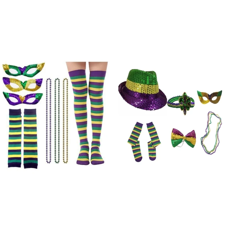 

Mardi Gras Beaded Long Stripe Socks Eyemask Headband Bows Masquerade Party Favor N7YF