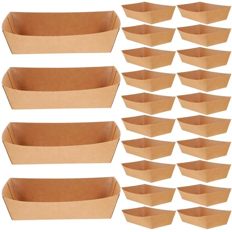 100pcs Heavy Duty Disposable Kraft Brown Paper Food Trays Grease Resistant Fast Food Snack Boat For Party Fairs Food Plates Tray