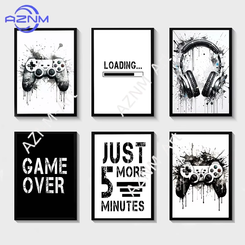 1 Stück/6 Stück Schwarz-Weiß Spielcontroller Wandkunst Poster und Drucke Leinwandgemälde Wandbilder für Spielzimmer-Dekoration