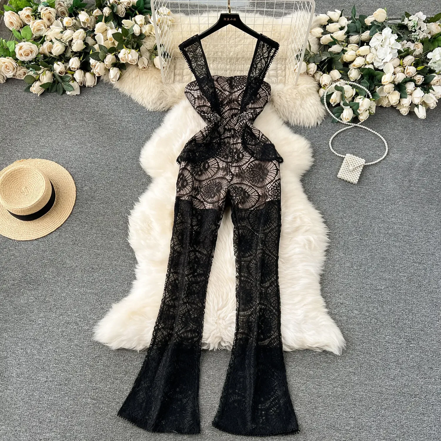 ssTss Women Elegant Black Floral Lace Jumpsuit Summer Korean Fashion Spaghetti Strap Sleeveless Hollow Out Flare Pants Romper