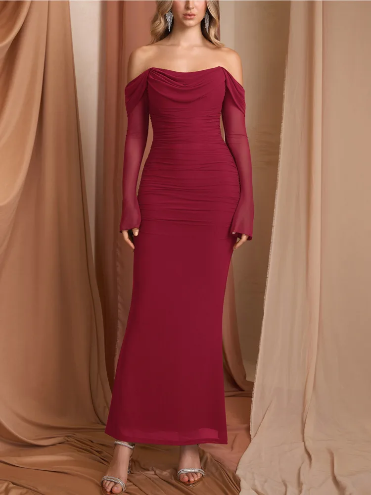 Articat Elegant Mesh Sheer Long Sleeve Dress Women Sexy Backless Slim Fit Ruched Bodycon Long Dress Party Club Evening Gown