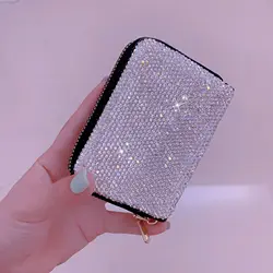 Luxury Rhinestone Wallet Portable Multi Card Slot Card Bag Mini Change Bag Women's Multi functional ID Card Clip With Zipper