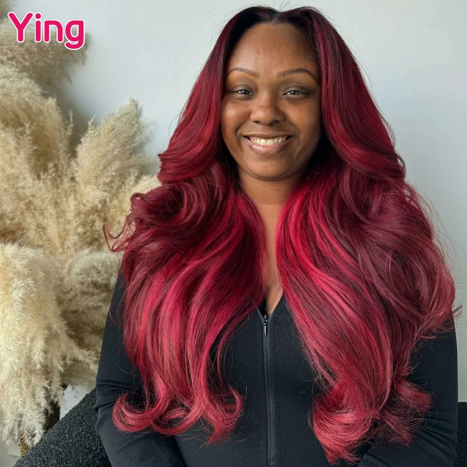 Ying 180% 12A Body Wave Highlight Burgundy Red Colored 13x6 Lace Frontal Wigs Human Hair PrePlucked Peruvian 13x4 Lace Front Wig