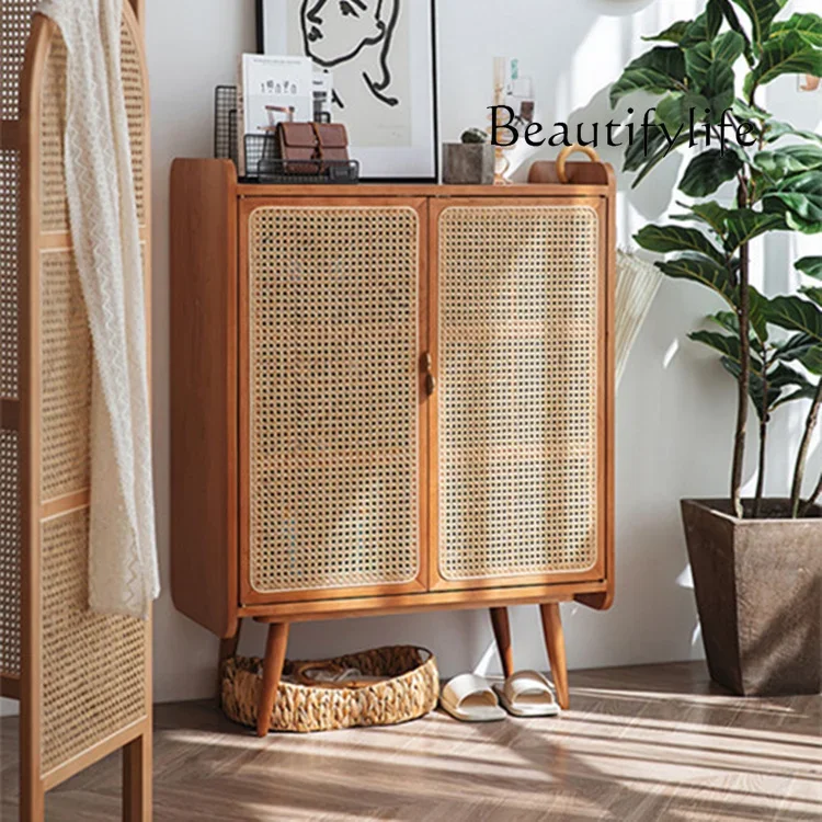 

Nordic Solid Wood Rattan Shoe Cabinet Simple Living Room Entrance Storage Cabinet Kitchen Sideboard Cabinet