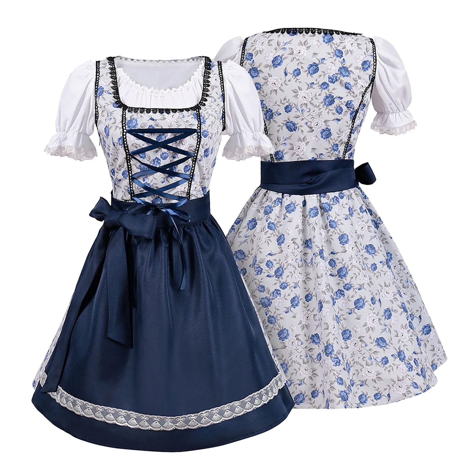 German Oktoberfest Beer Girl Floral Dirndl Dress With Apron Bavaria Beer Festival Stage Performance Wench Maid Cosplay Costume