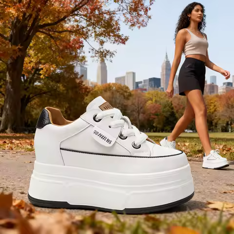 Fujin 9cm 3 inch comfortable platform sneakers for women Genuine Leather Women Vulcanized Shoes Platform High Heels Casual Shoes