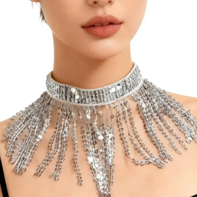 Collier ras du cou à franges paillettes 39BB, bijoux danse du ventre, ras du cou pour danseuse du ventre