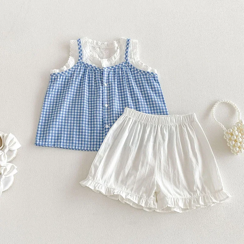 2026 New Summer Toddler Baby Girls Clothing Set Sleeveless Cotton Grid Splicing Vest+Shorts 0-4Yrs Children Clothes Suit