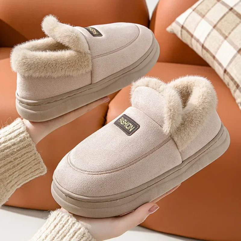 

Comwarm Women Cotton Slippers Winter Warm Plush Lined Outdoor Slides Couple Non-slip Furry House Slippers Soft Cozy Cotton Shoes