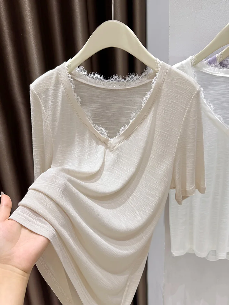 

Женская летняя свободная молодежная футболка из бамбукового вискозного трикотажа с кружевными вставками, V-образным вырезом, тонкая, дышащая, с коротким рукавом