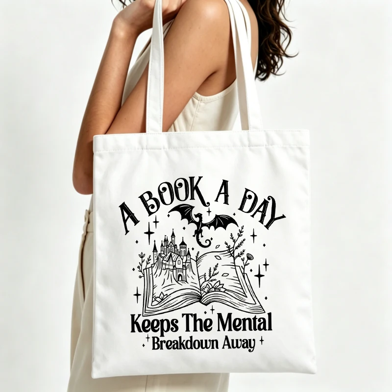 fantasy book graphic canvas tote bag with dragon and castle print, ideal for daily reading and casual outings