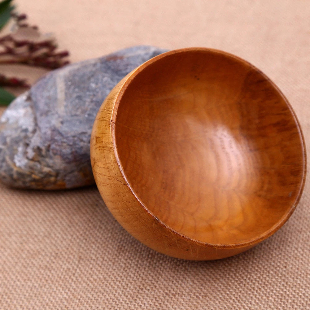 Natural Round Wooden Bowl Soup Salad Noodle Rice Fruit Shock-proof Handicraft Holder Kitchen Handmade Wood  For Kids