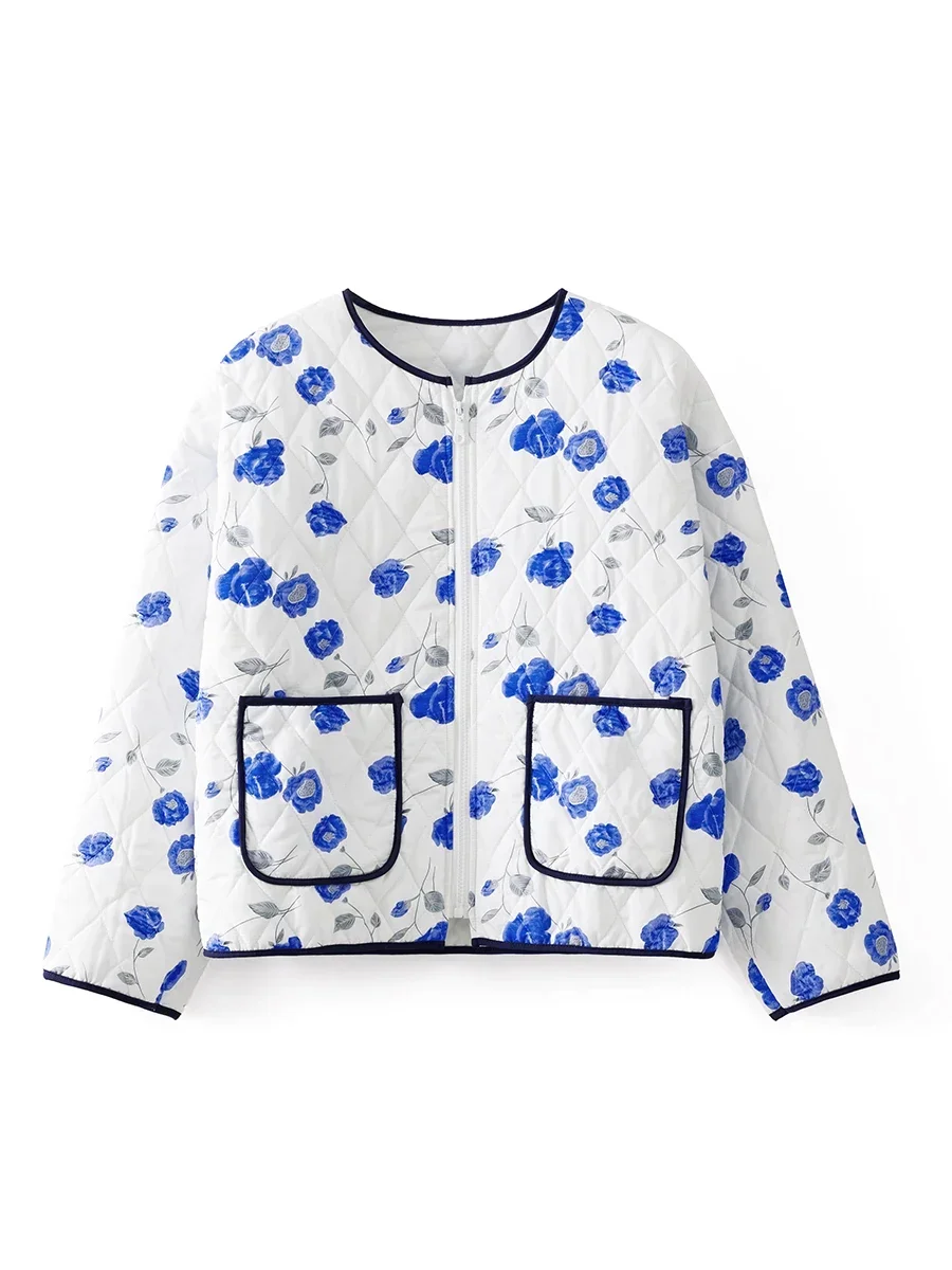 Women\'s Autumn Winter Floral Print Quilted Padded Jackets Collar Zip-up Coats Warm Outwear