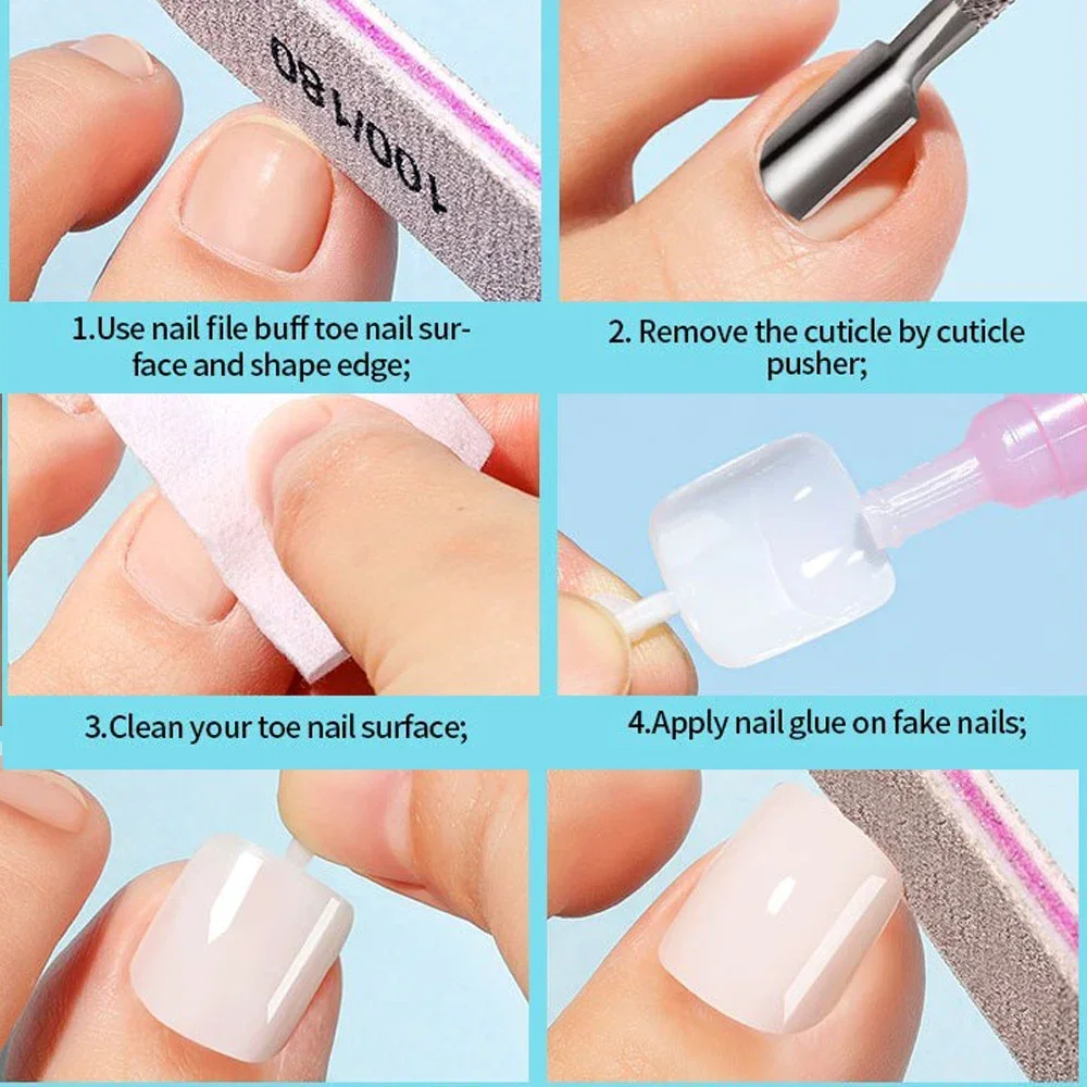 Short Square Fake Foot Nails with Box Natural White Transparent Artificial False Toenail Press on Toenail for Women Art Manicure