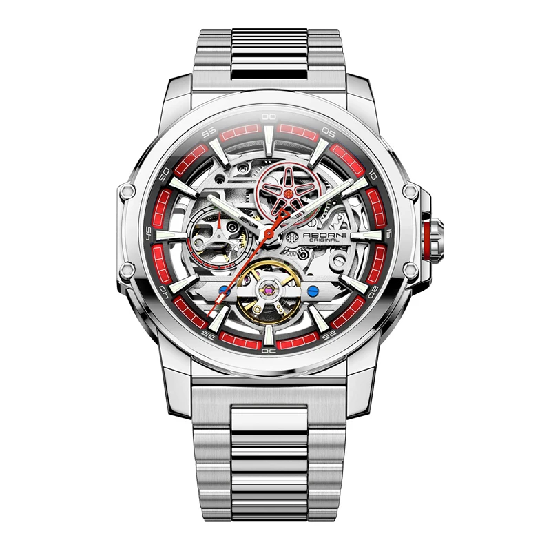 ABORNI 9039 Unique Design Skeleton Dial Tourbillon Men Watch Stainless Steel Waterproof Luxury Automatic Mechanical Men's Watch view 6