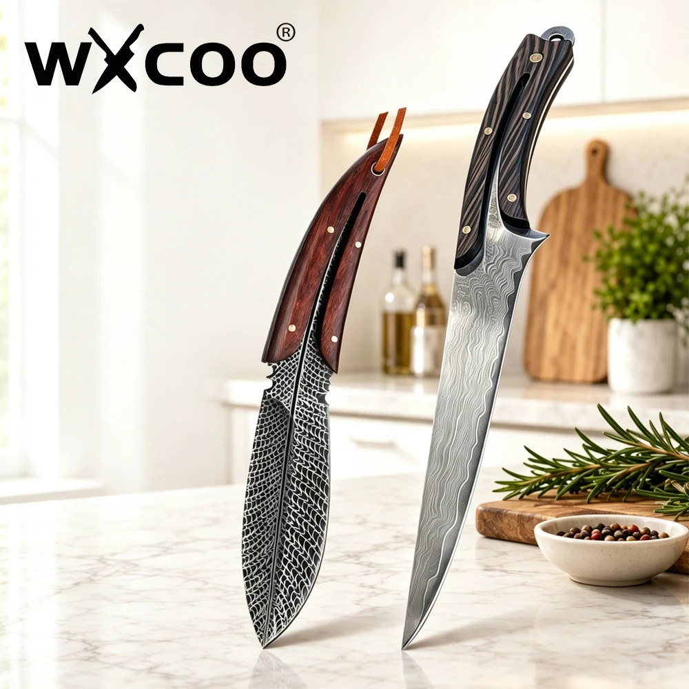 WXCOO Professionelles Entbeinmesser aus Damaszenerstahl mit Holzgriff, ultrascharf geschmiedet, zum Filetieren von Fleisch und Fisch, Entbeinen, Küchen- und Metzgerwerkzeug.