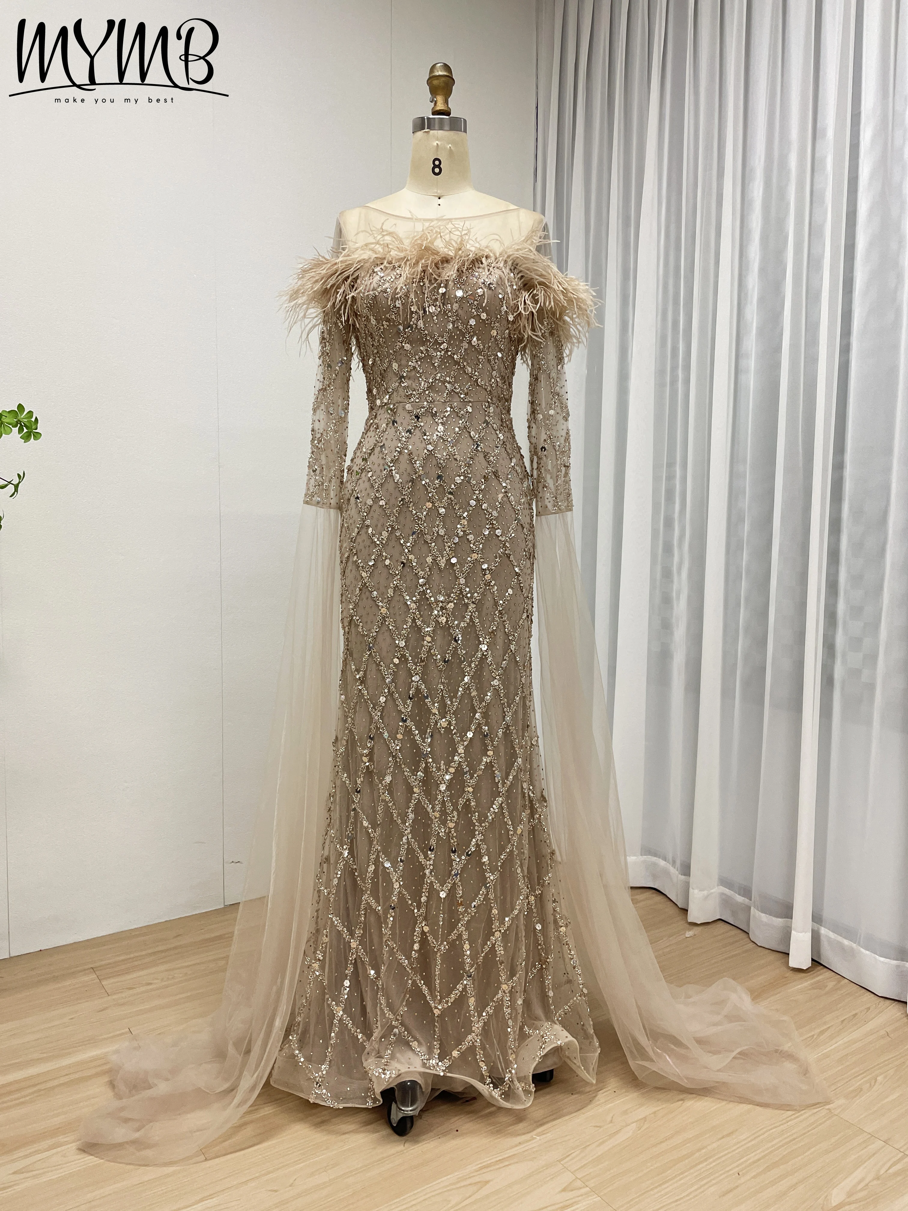 MYMB lujo Rosa caramelo pluma con cuentas capa sirena vestidos de noche vestidos para mujeres elegante boda Formal fiesta nuevo MB40392