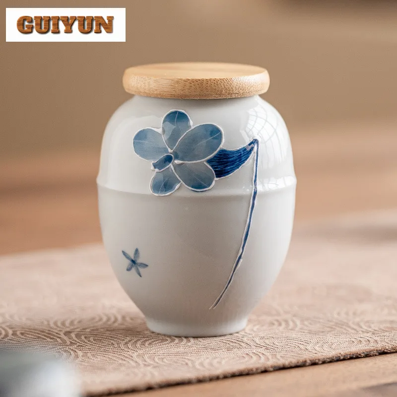 

200ml Hand Drawn Lily Flower Tea Can Zen Moisture-proof Ceramic Tea Jar Retro Storage Tank Containers Tea Caddy Teaware Gifts