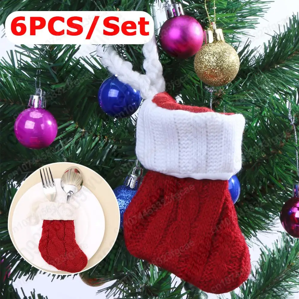 6PCS/Set Mini Christmas Stockings Xmas Party Table Knife Spoon Fork Bag Christmas Sock Decoration Tableware Bag Hanging Ornament