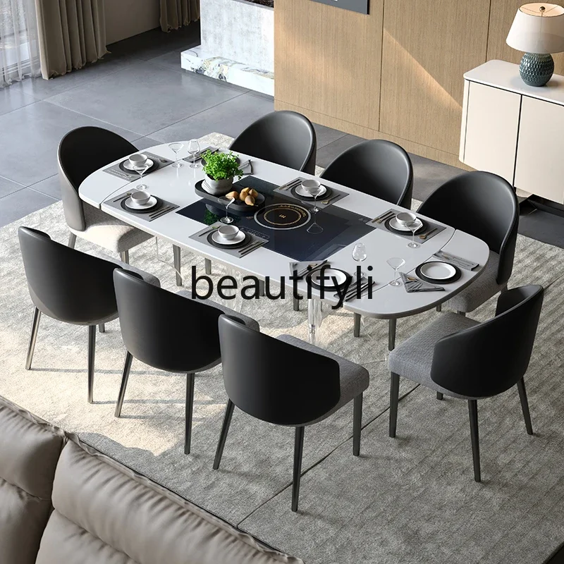 Acrylic retractable rock slab dining table on both sides Household small apartment modern with induction cooker