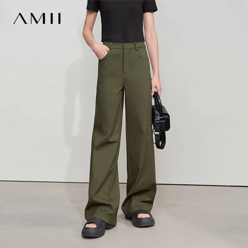 

AMII минималистичные широкие брюки, лето 2025 г., обычные офисные женские дышащие карманы, непринужденные женские брюки с высокой талией 12522086