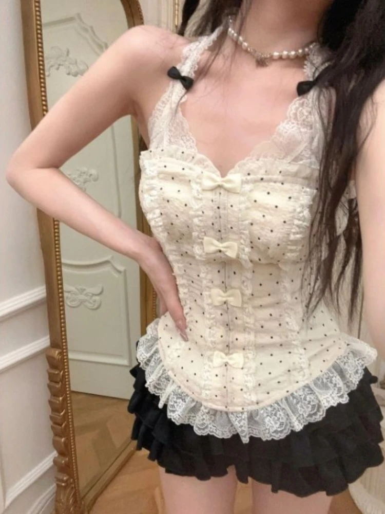 Elegant Sweet Wave Point Lace Slim Fit Vest for Women+ Y2k High Waist Ruched Cake Skirts 2024 Summer New Two Piece Sets