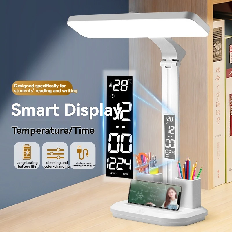 LED Desk Lamp with Digital Clock, Dimmable Eye-Caring Light with Pen Holder, USB Charging for Study, Home