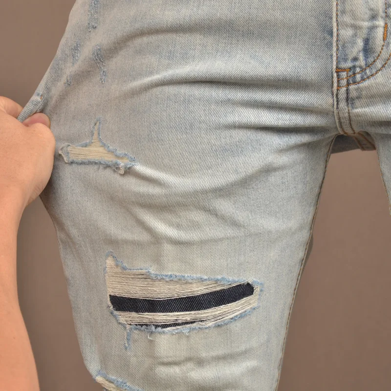 Retro Distressed Light Color Hole Jeans Men's 2024 Summer Thin Stretch Slim High-End Scrape Patch Casual Ankle Banded Pants
