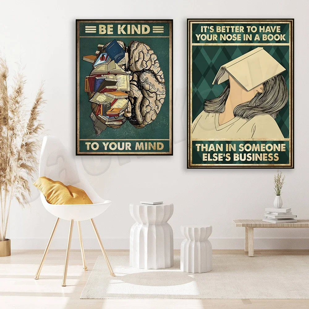 Love Reading Books, Girl Reading Book Vintage Poster, Be Kind To Your Mind, Library Decor, Nerd Gifts