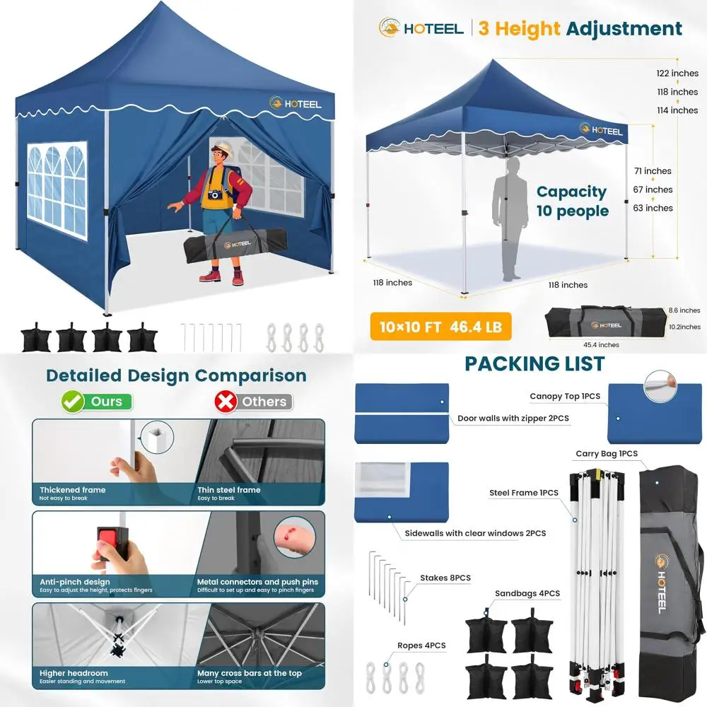

10x10 Pop-Up Canopy Tent with 4 Sidewalls, UV50+ and Waterproof, Thickened Frame, Large Space Easy Setup Outdoor Shelter