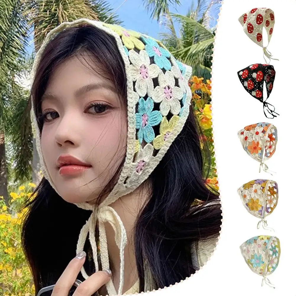 

Sweet Cute Handmade Knit Hairband Women's Hair Accessories Summer Scarf Spring Travel Triangle Autumn Knit Hook Headscarf F H0F0