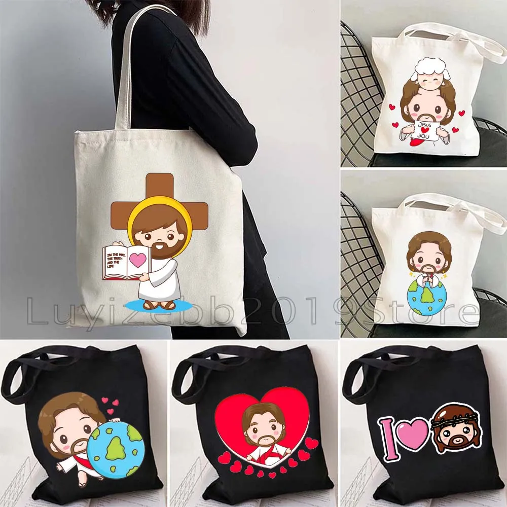 Cartoon Jesus Christ Floral Cross Love Faith Cute Christian Bible Belief Women Canvas Shoulder Tote Bag Harajuku Shopper Handbag