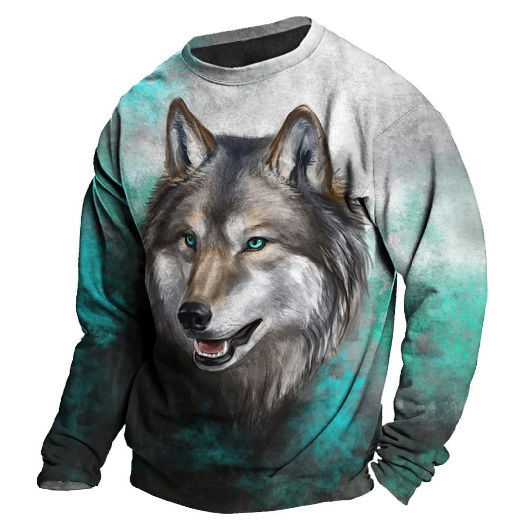 Men\'s Autumn Long Sleeve T-Shirt Wolf Animal Graphic 3d Print Tees Top Harajuku Pullover Casual Oversize Streetwear Male Clothes