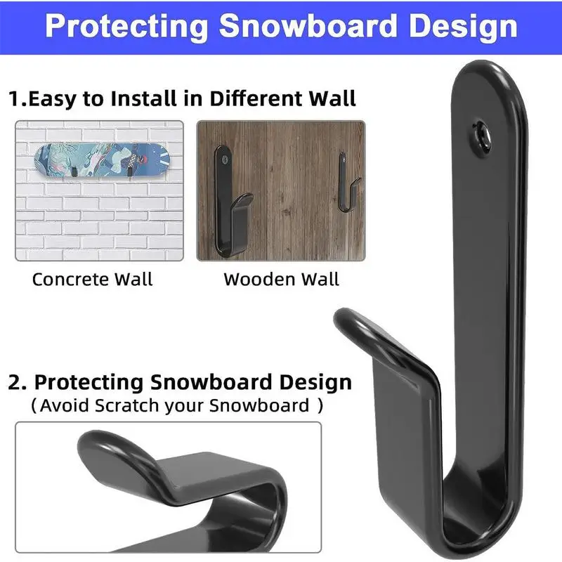 2 Pcs Snowboard Wall Mount Clips Solid Steel Snowboard Wall Rack Snowboard Wall Hanger Home and Garage SKi Board Storage