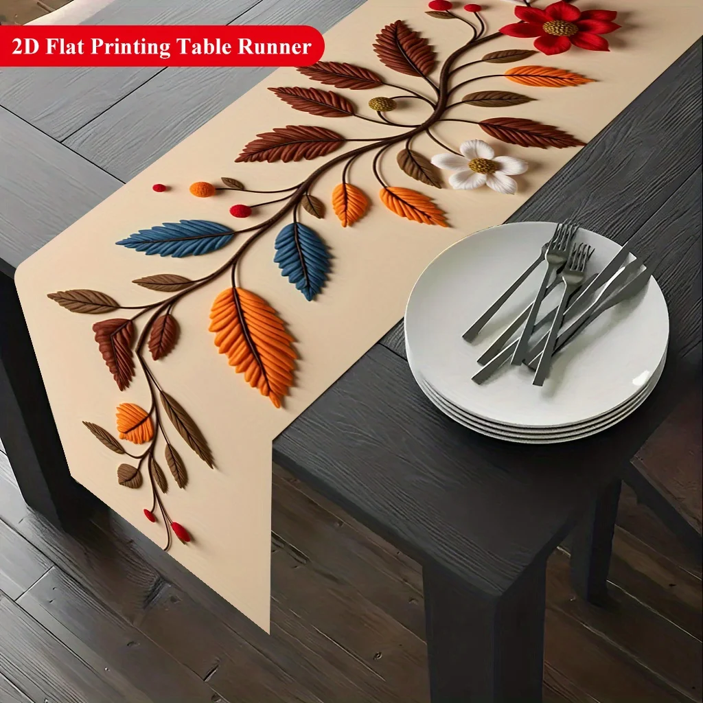 1pc Branches Leaves Flowers Table Runner Holiday Party Decorative Cloth for Home Kitchen Dining Office Living Room Dinner Table