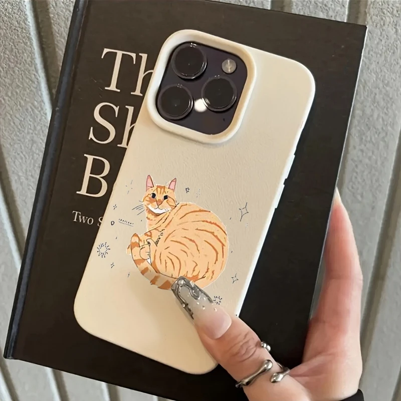 Cute Fat Orange Cat Pattern Lichee leather pattern Phone Case For iPhone 17e 17 16e 16 15 14 13 12 11 Air Pro Max Plus XSMax