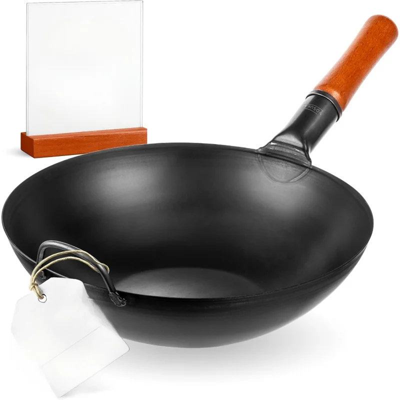 

13.5" Pre-Seasoned Carbon Steel Flat Bottom Wok - Traditional Japanese-Chinese Cookware for Induction, Gas, BBQ & Camping